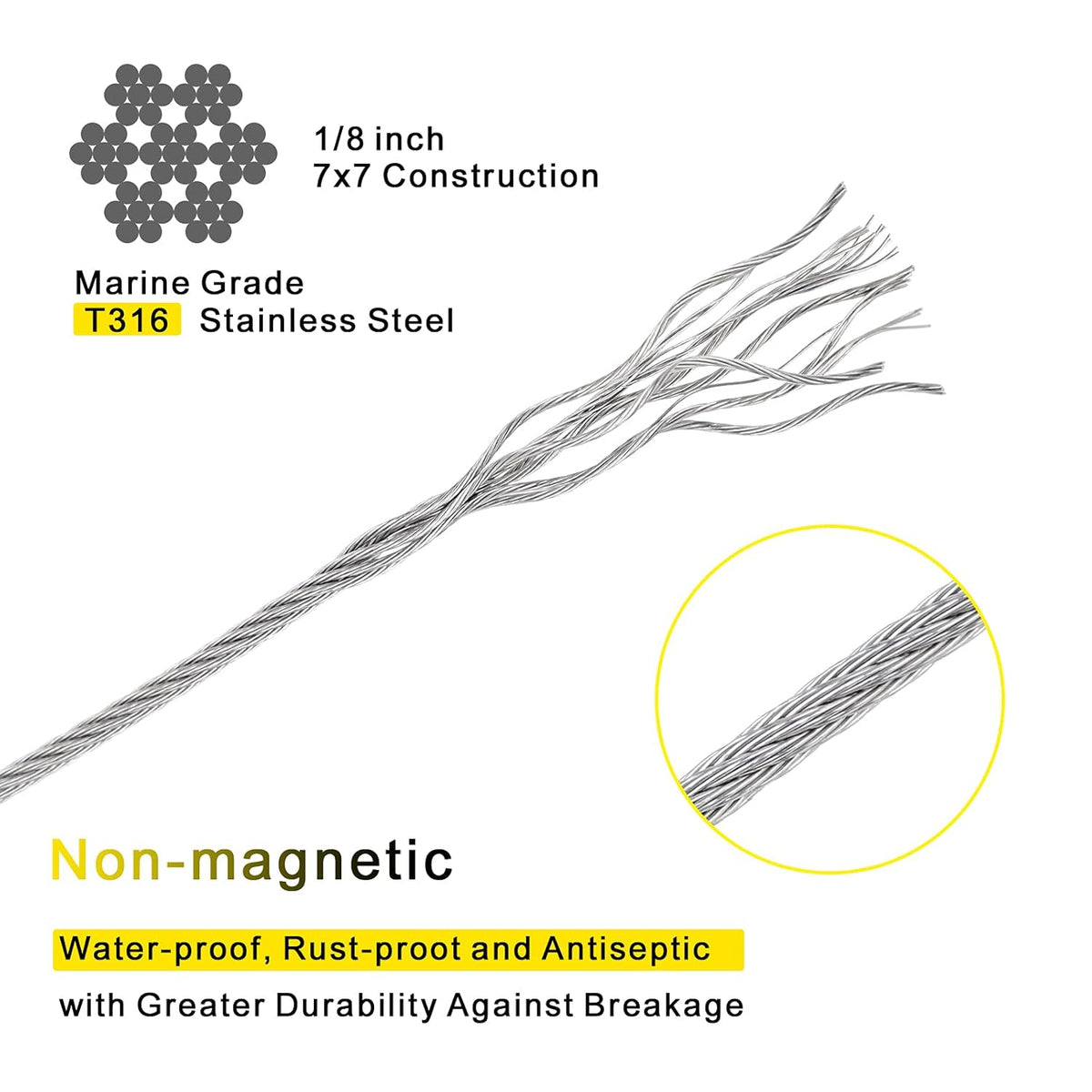 1/8 T316 Stainless Steel Cable with Cutter, 150FT Wire Rope, 7x7 Strands, Pack of 2 B5861