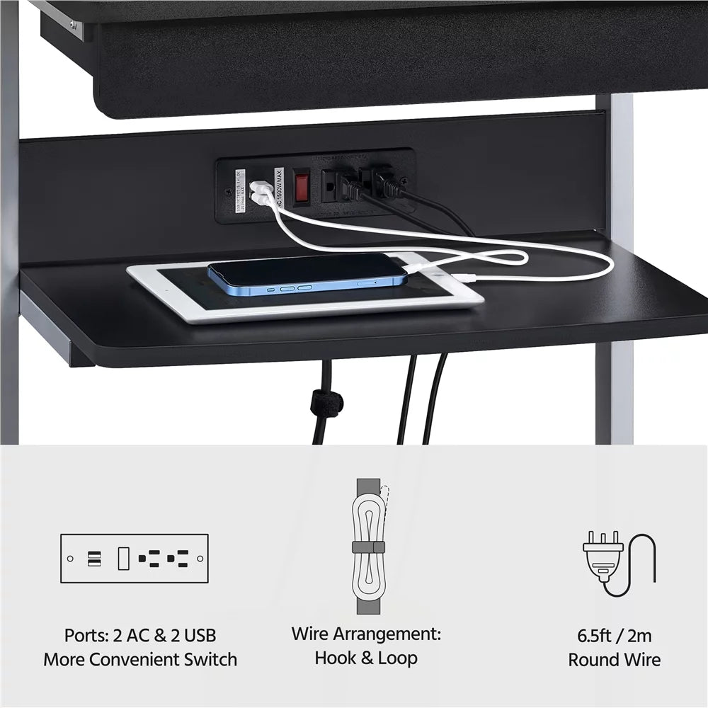 22in Rolling Laptop Computer Desk with Power Outlet, Black Z76677
