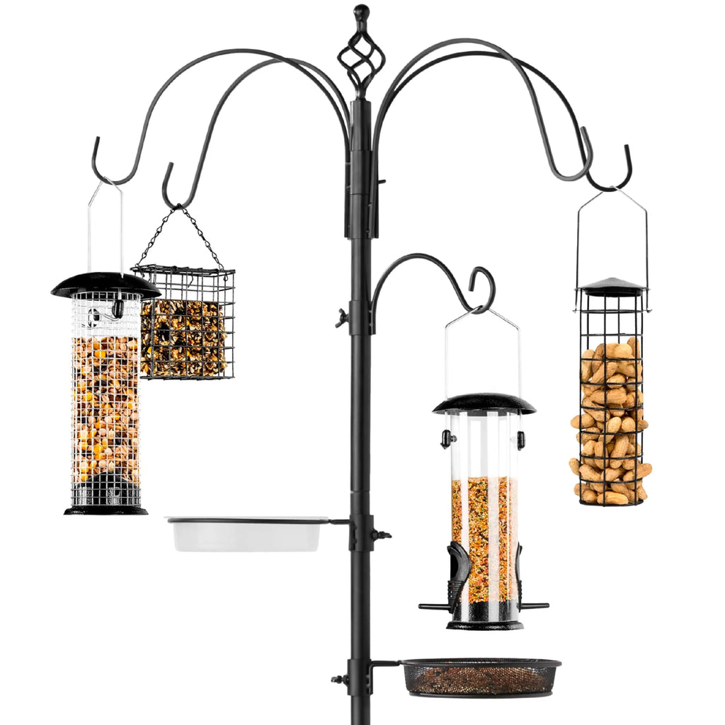 89in 6-Hook Steel Bird Feeding Station with Feeders Tray and Bird Bath C211678