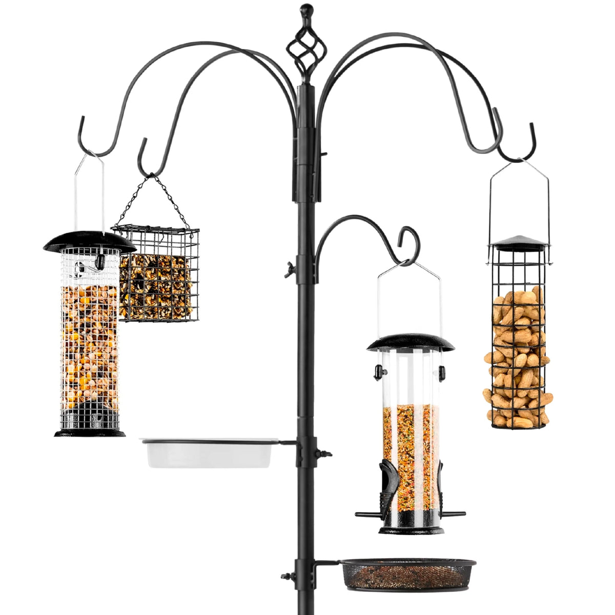 89in 6-Hook Steel Bird Feeding Station with Feeders Tray and Bird Bath C211678