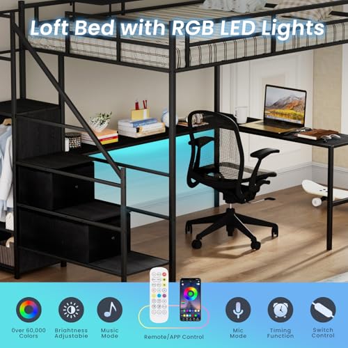 Black Full Size Loft Bed with L-Shaped Desk and Stairs X1305