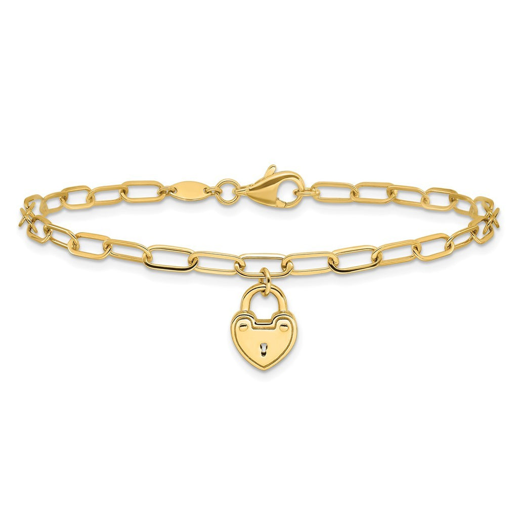14k Gold Love Heart Lock Charm Pendant Necklace Paperclip Link Bracelet P83694