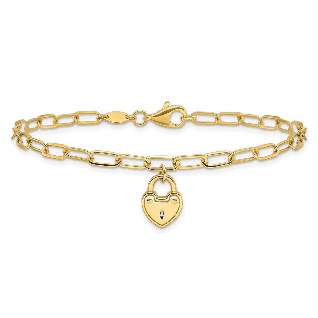 14k Gold Love Heart Lock Charm Pendant Necklace Paperclip Link Bracelet P83694