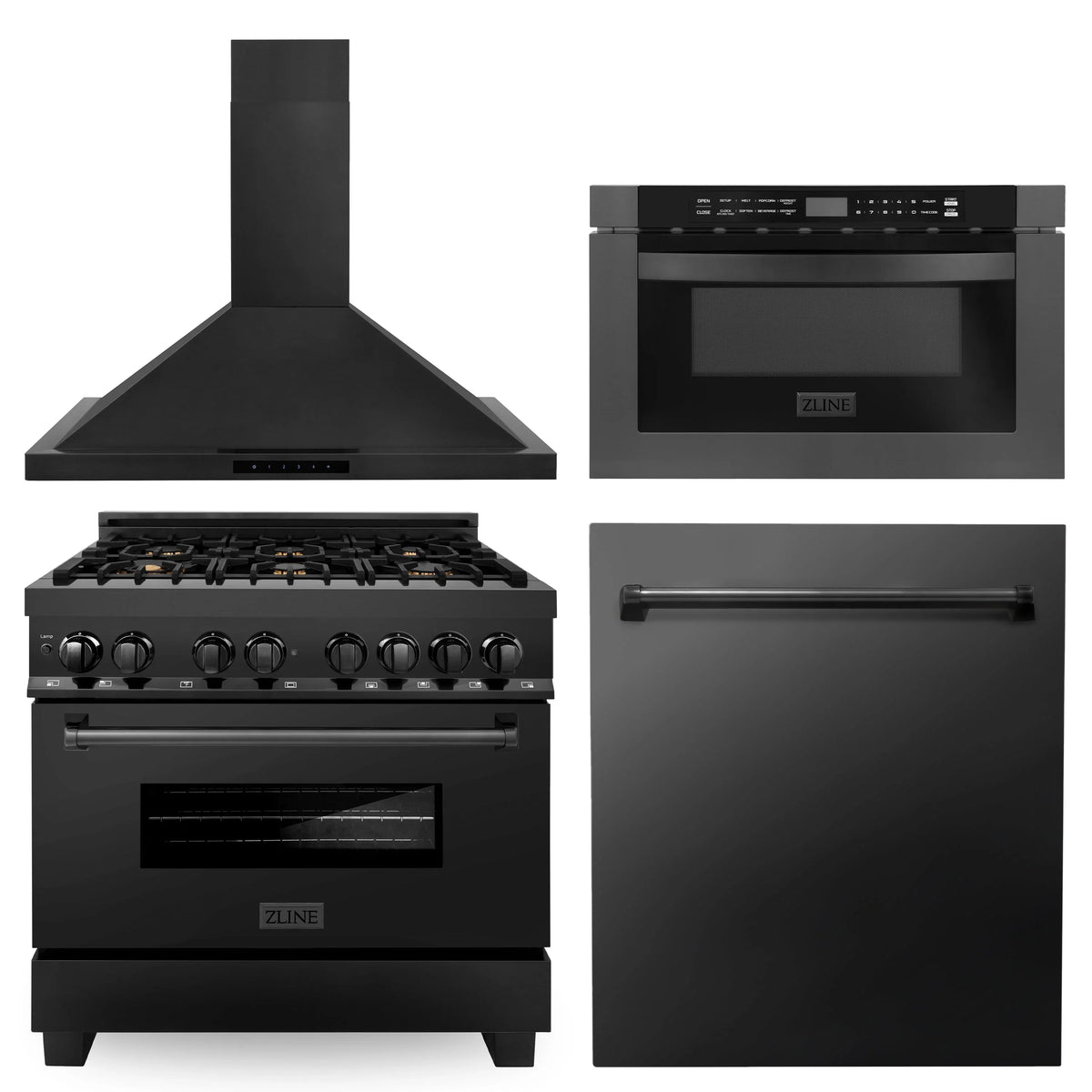 36 in. Dual Fuel Range, Range Hood, Microwave, Dishwasher in Black Stainless Steel X770