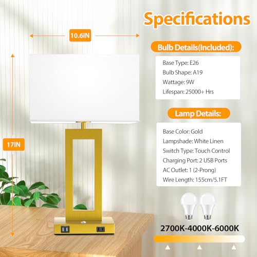 3 Color Temperatures Touch Control Table Lamps Set of 2 with USB Ports E352638