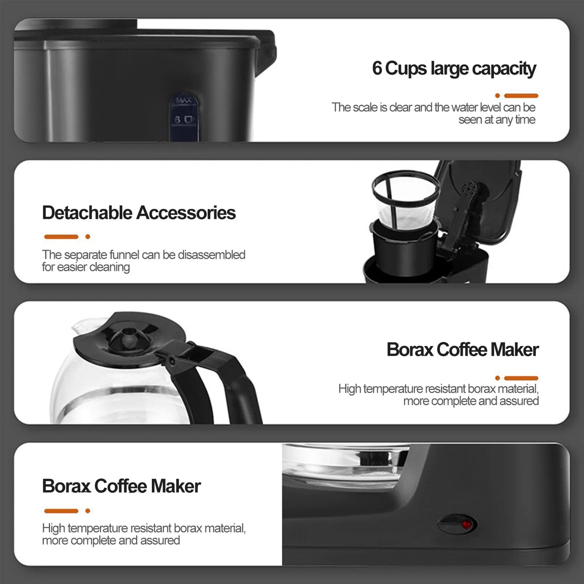 6 Cup Coffee Maker with Glass Carafe and Reusable Filter Q7531