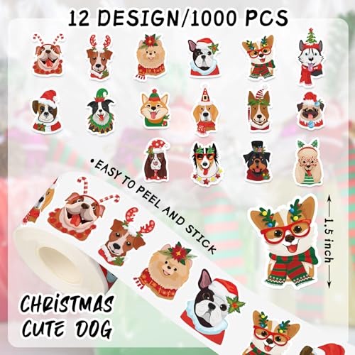1000Pcs Christmas Puppy Dog Self-Adhesive Stickers, 16 Designs, 2 Rolls C490060