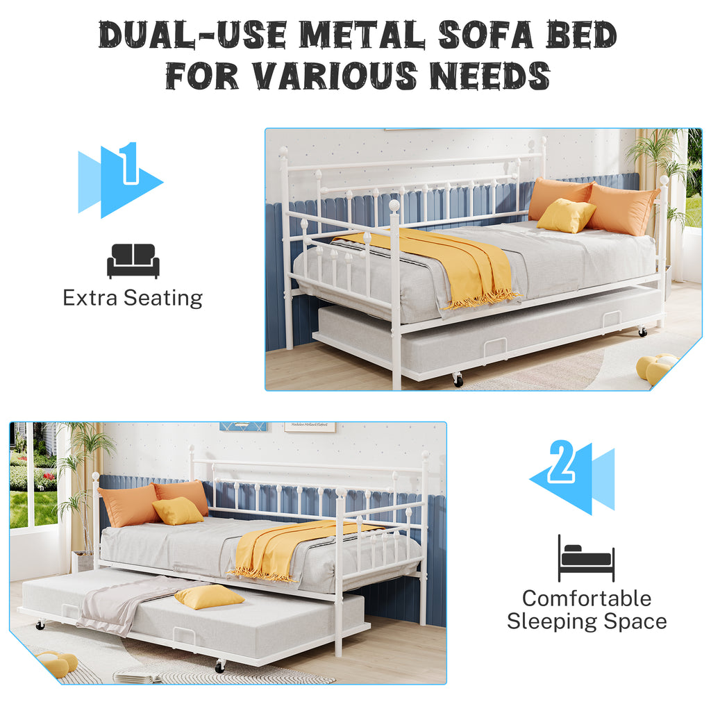 White Twin Size Metal Daybed with Trundle E2836
