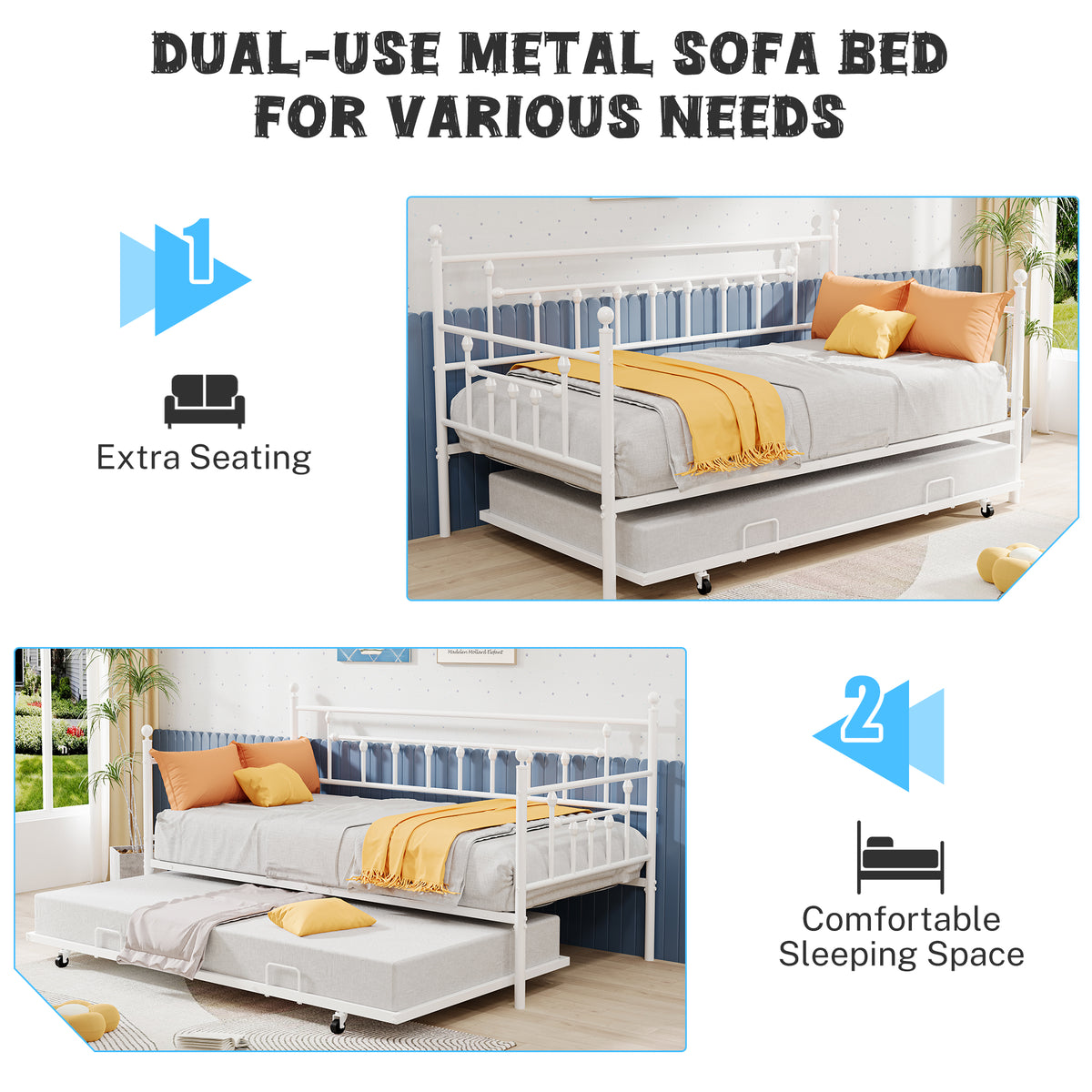 White Twin Size Metal Daybed with Trundle E2836