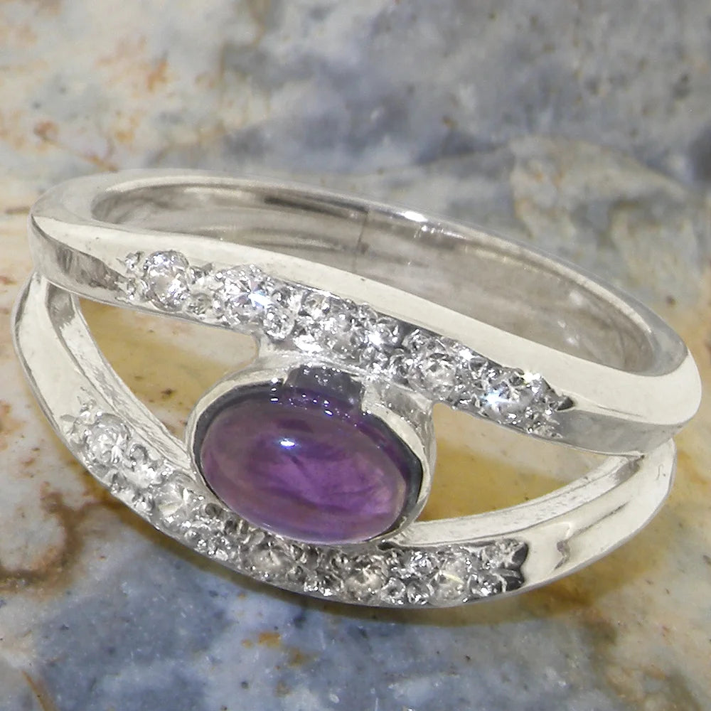 14k White Gold Natural Amethyst & Diamond Band Ring N8821