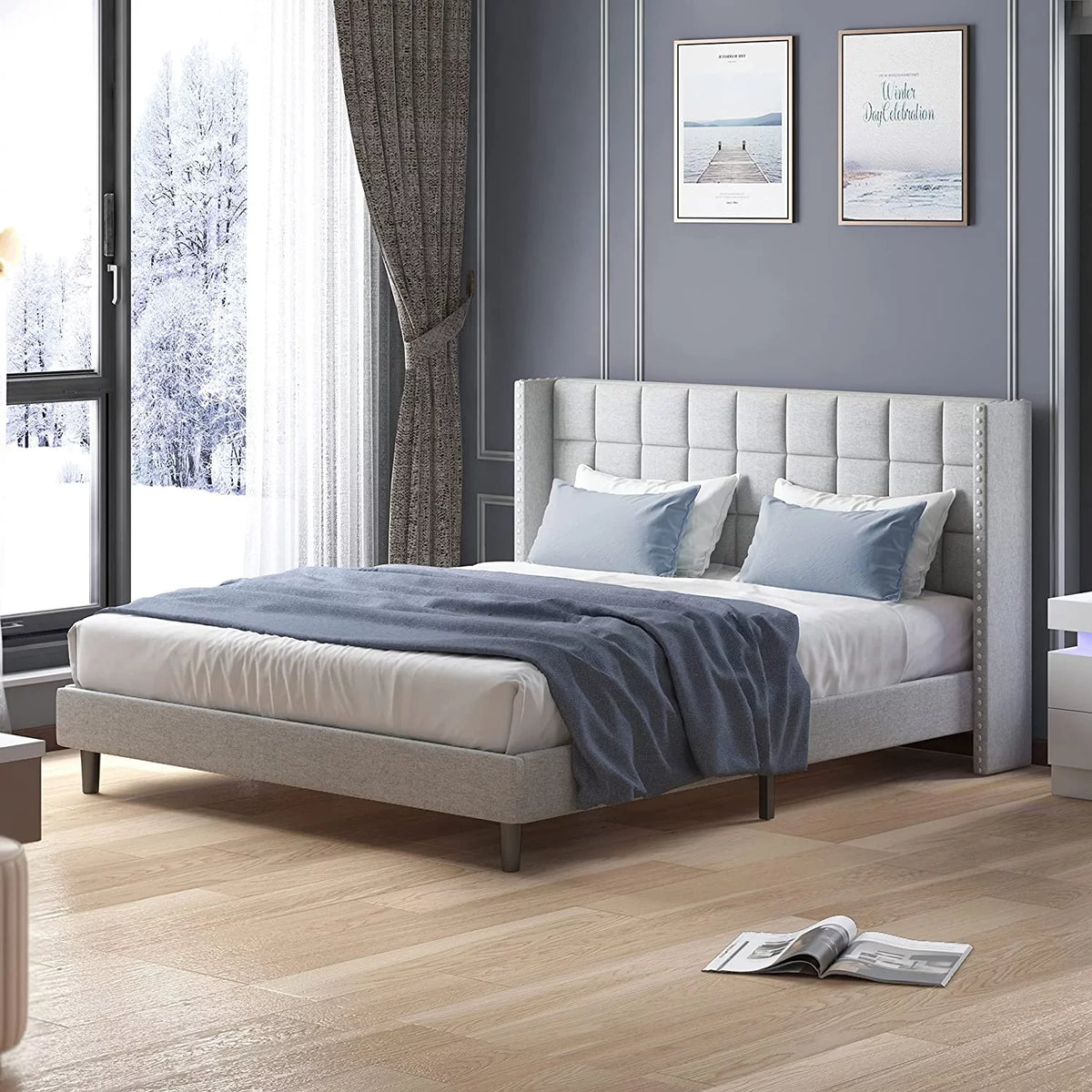 Full Size Wood Platform Bed Frame with Headboard J167