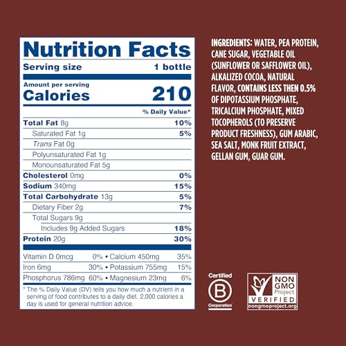Chocolate 20g Plant Based Pea Protein Shake 12 Oz, 12 Pack Y329