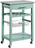 Green Granite Top Pine Wood Rolling Kitchen Island Microwave Cart with Storage A197