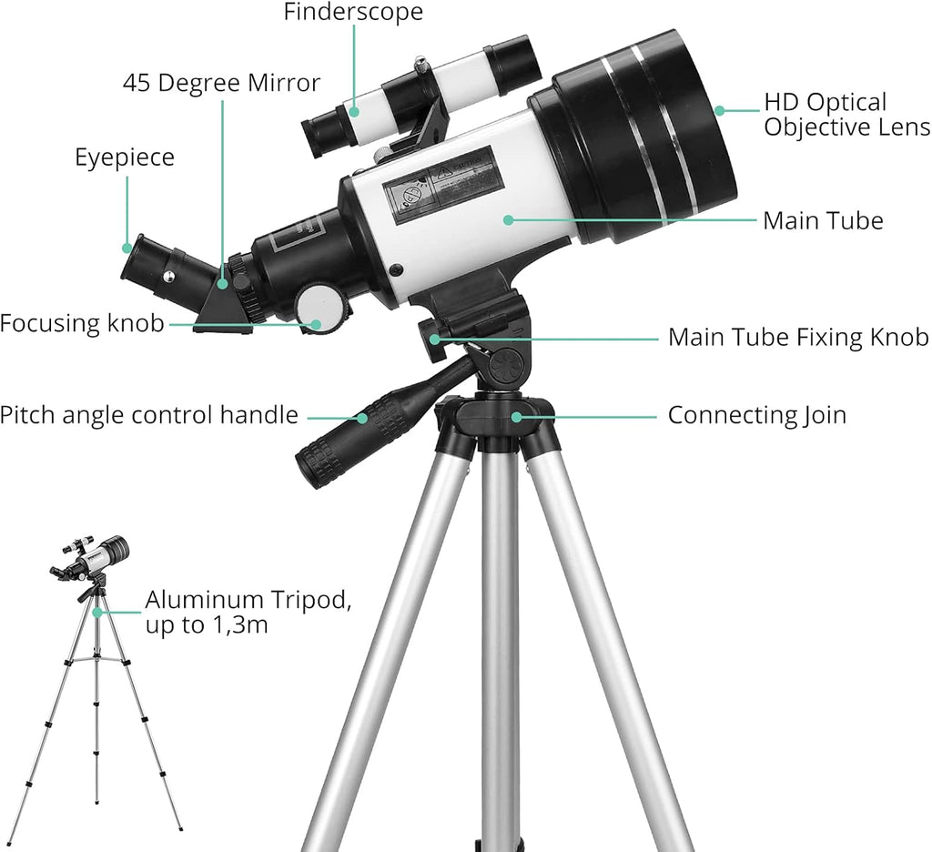 70mm Aperture 300mm Focal Length Refractor Telescope with Adjustable Tripod Stand I7389