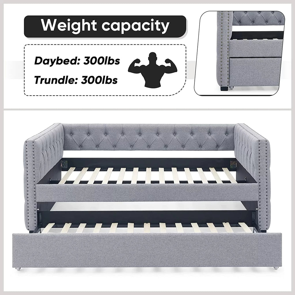 Light Grey Linen Upholstered Twin Size Daybed with Trundle S9181
