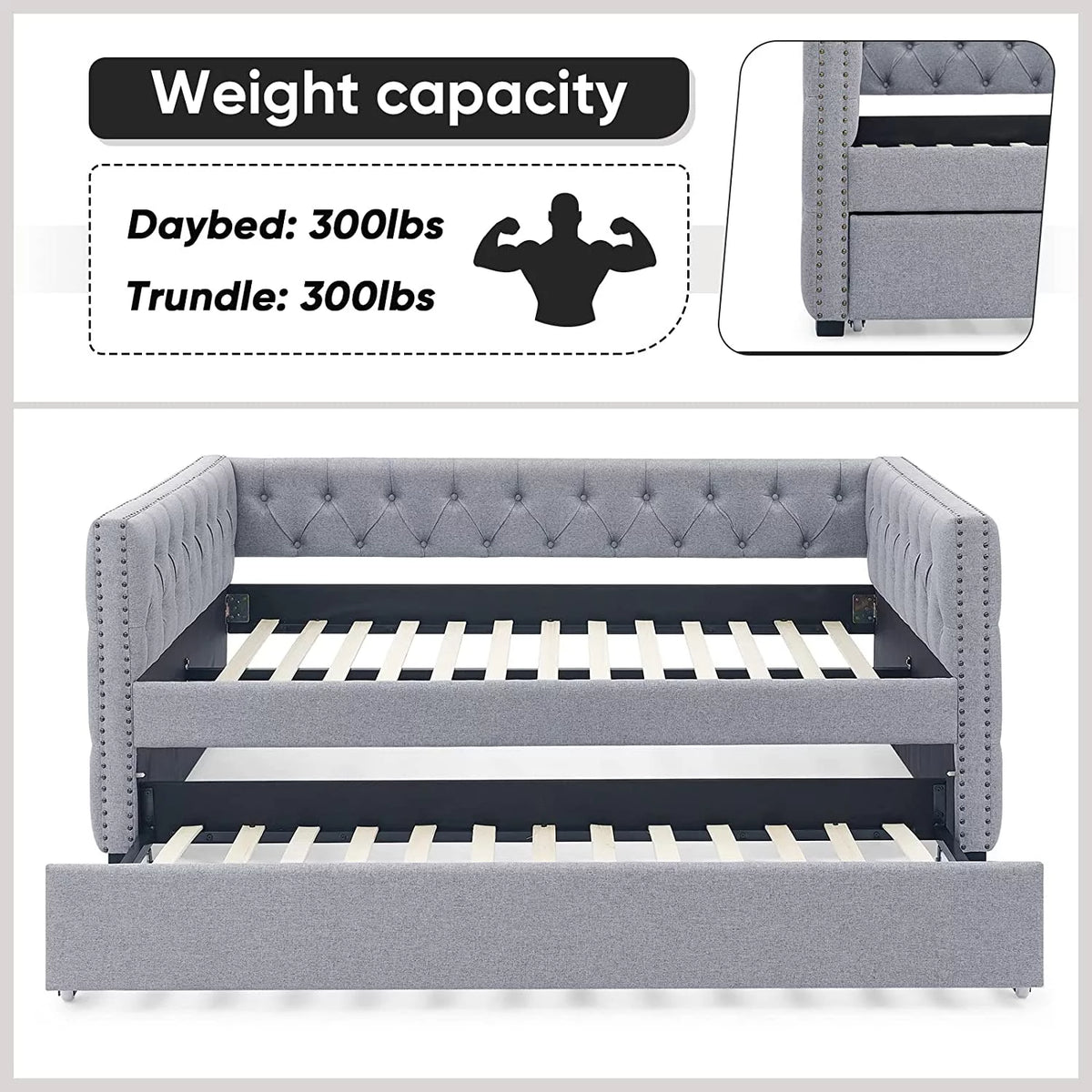 Light Grey Linen Upholstered Twin Size Daybed with Trundle S9181