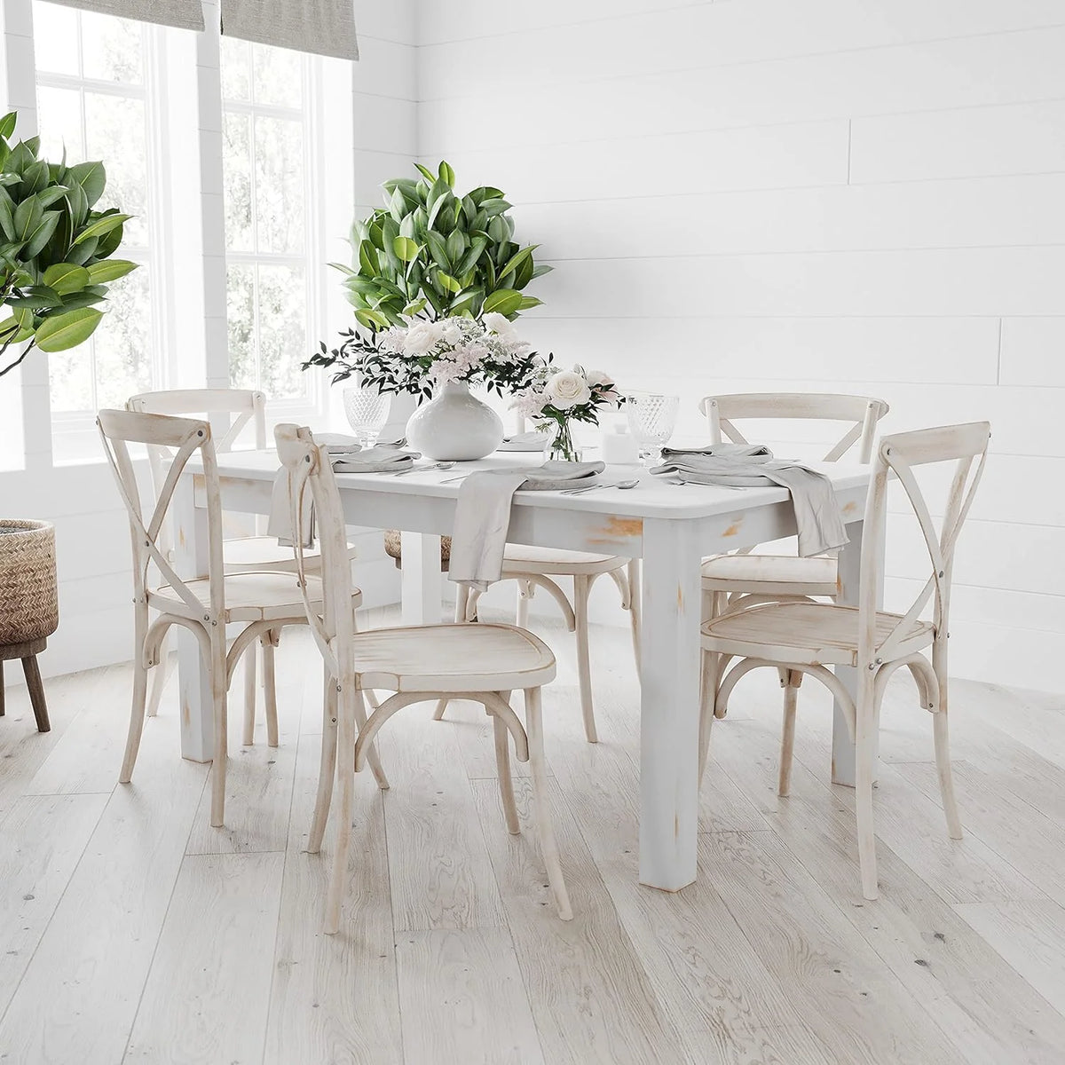 60" X 38" Rectangular Antique Rustic White Solid Pine Dining Table E4141