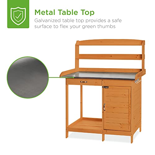 Wooden Potting Bench with Metal Table Top and Cabinet H398325