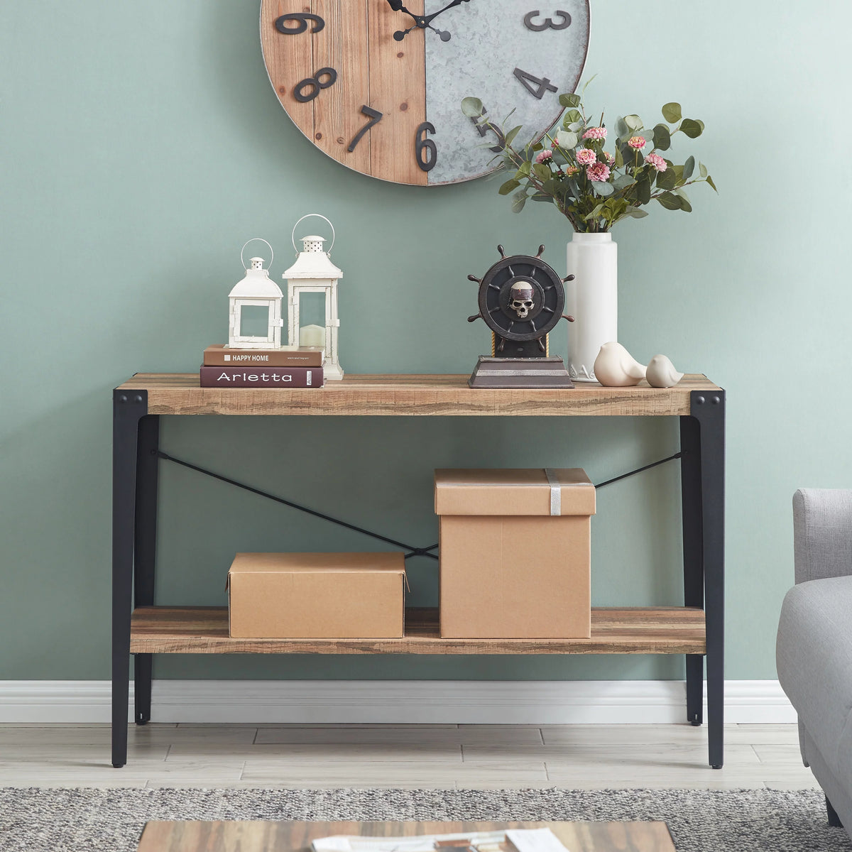 Industrial Console Table with Metal Legs and Distressed Wood Finish F73619