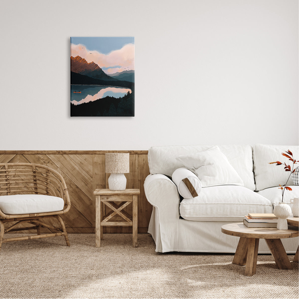 Mountain Range River Canoe Cloudy Wilderness Birds Canvas Wall Art, 24 x 30 C1010