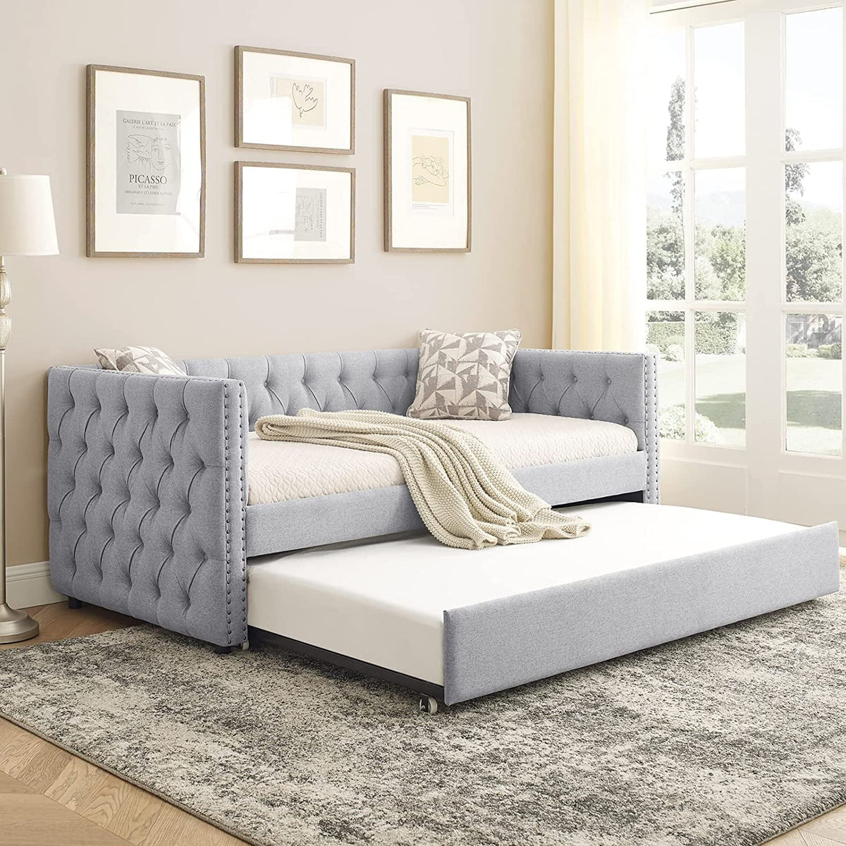 Light Grey Linen Upholstered Twin Size Daybed with Trundle S9181