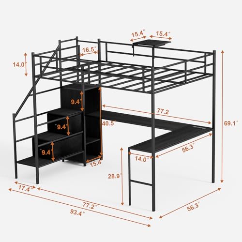 Black Full Size Loft Bed with L-Shaped Desk and Stairs X1305