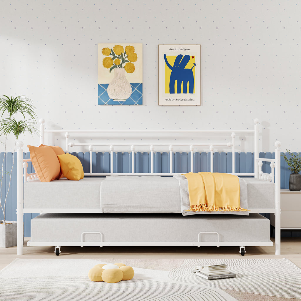 White Twin Size Metal Daybed with Trundle E2836