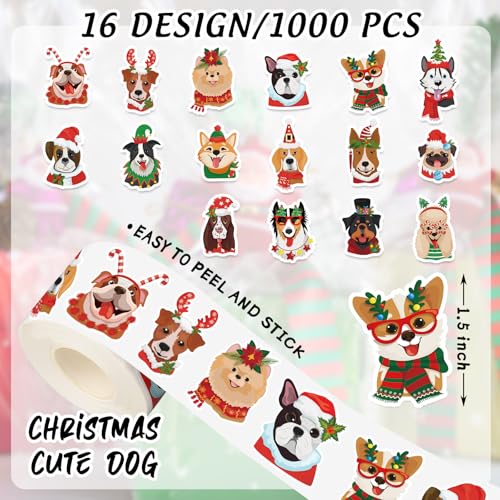 1000Pcs Christmas Puppy Dog Self-Adhesive Stickers, 16 Designs, 2 Rolls C490060