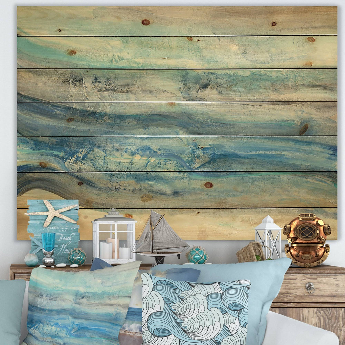 Blue Nautical Coastal Print on Natural Pine Wood I31736