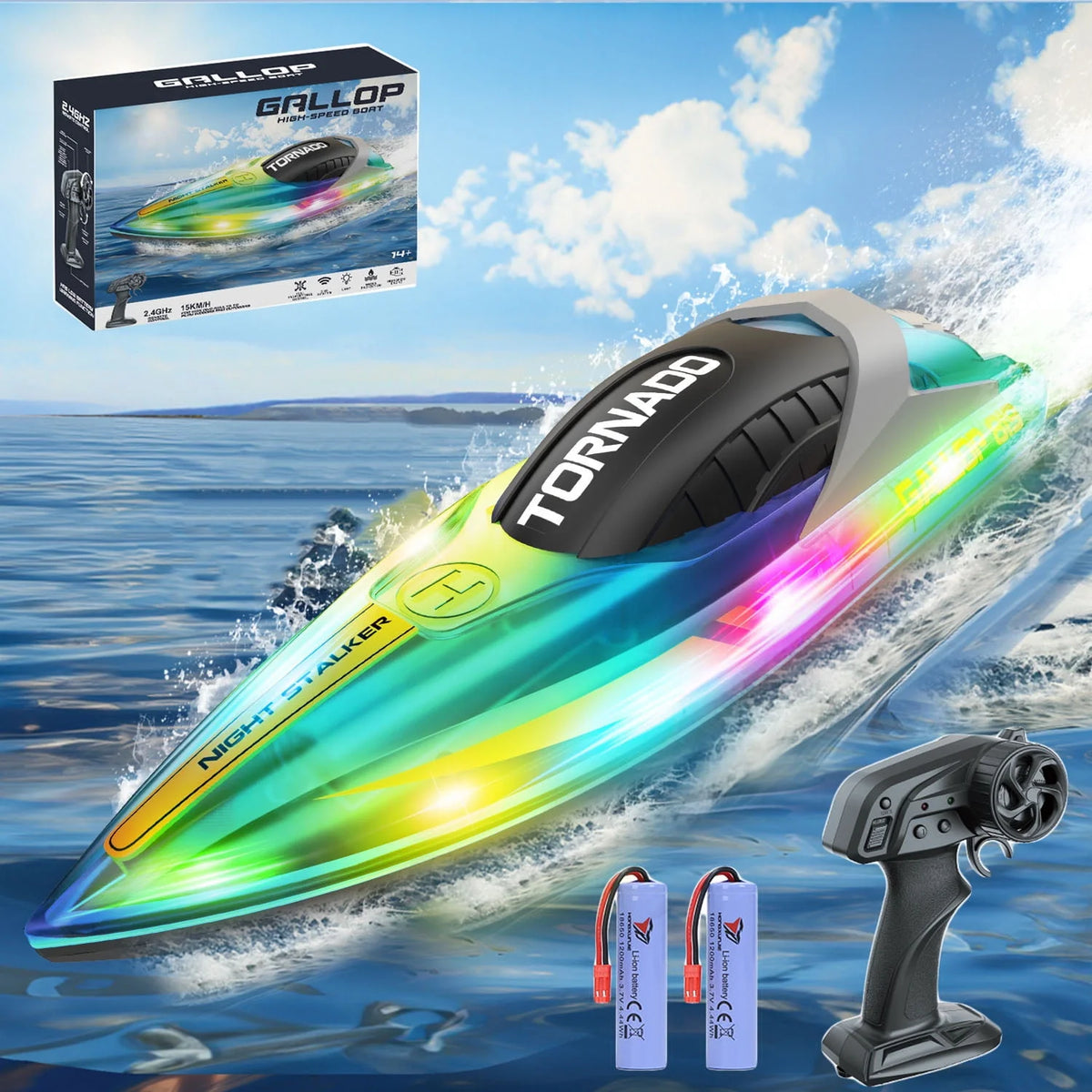 Remote Control Boat with LED Lights, 2 Rechargeable Battery D3268