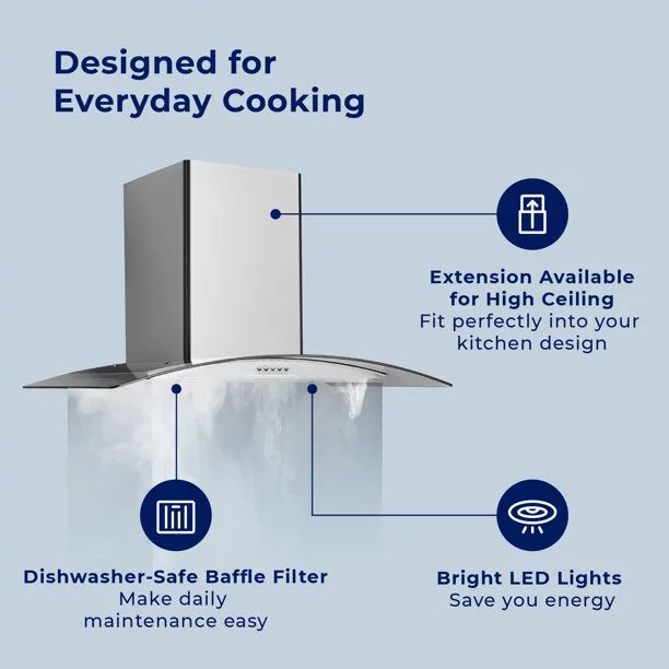 30 inch Convertible Wall Mount Range Hood with Tempered Glass R309
