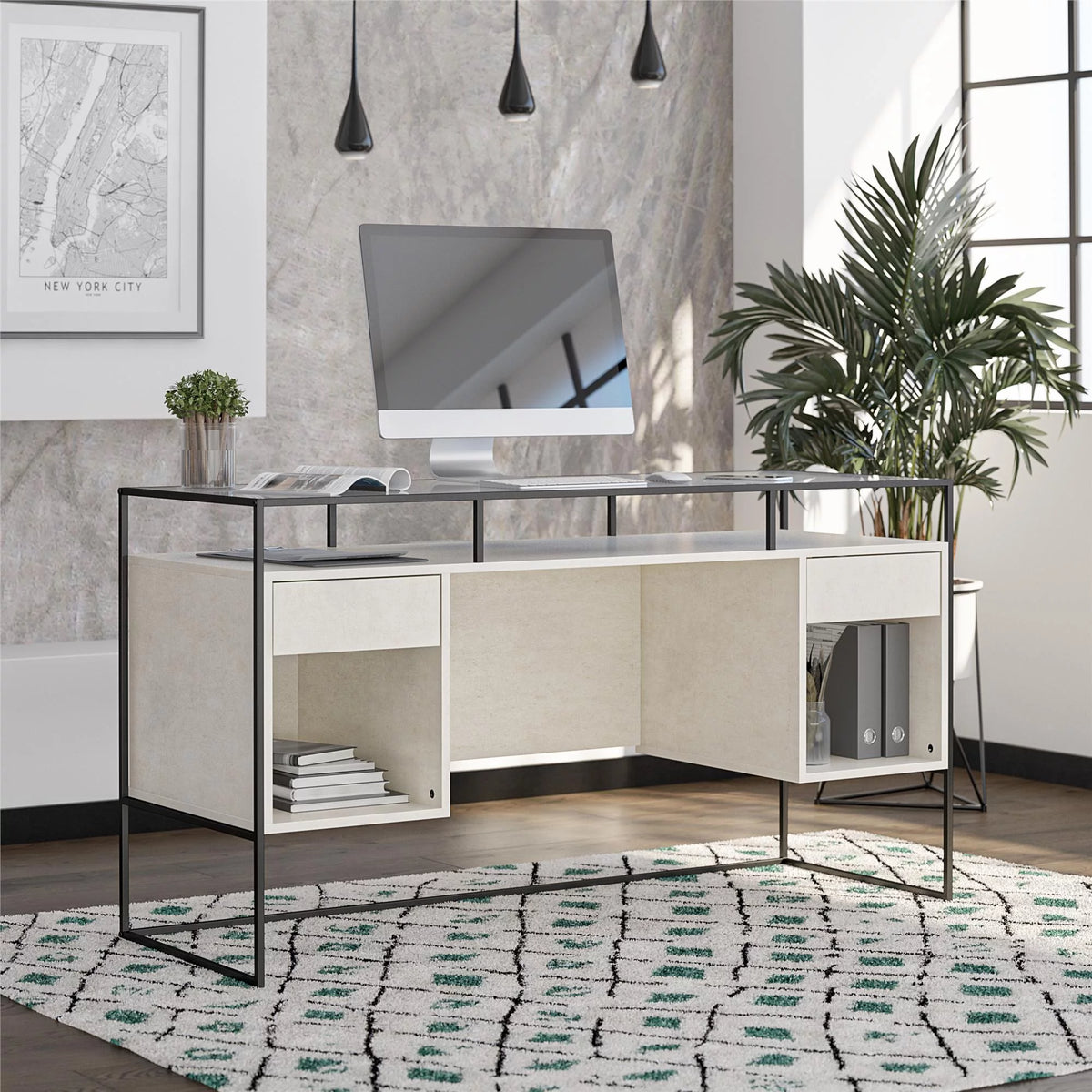 Modern Desk with 2 Drawers and Storage H439