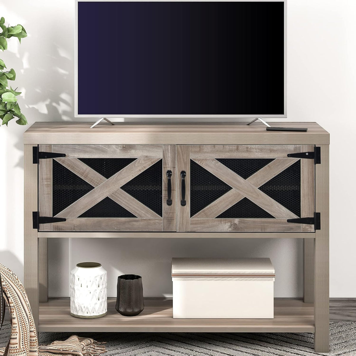 Rustic Console Table with Storage Cabinets and Bottom Shelf E75309