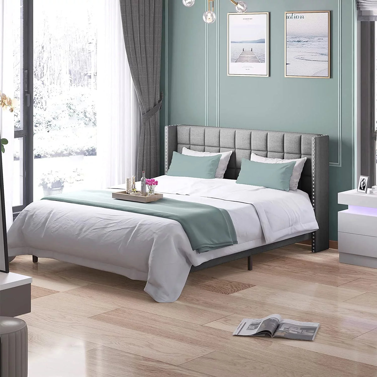Full Size Wood Platform Bed Frame with Headboard J167