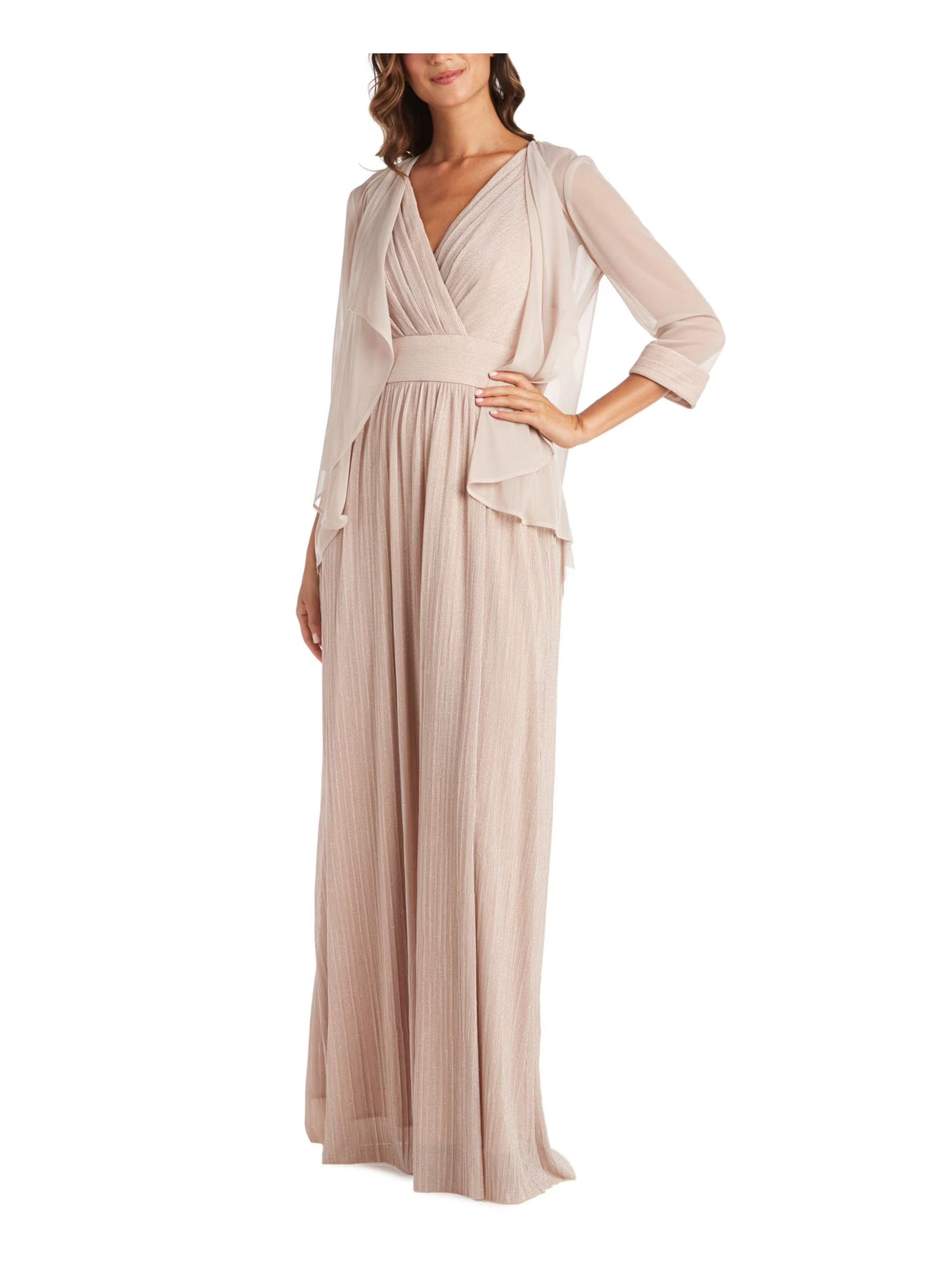 Beige Open Front Sheer Glitter 3/4 Sleeve Blazer Jacket 14 V4405