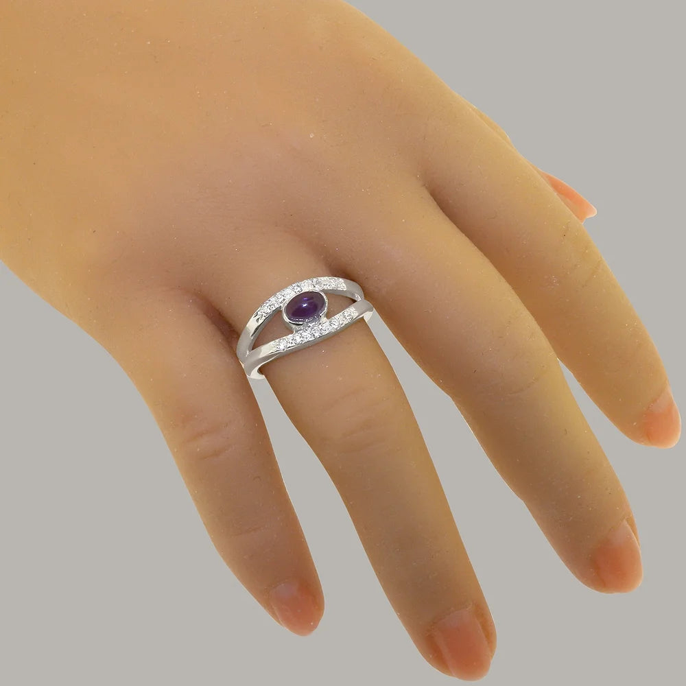 14k White Gold Natural Amethyst & Diamond Band Ring N8821