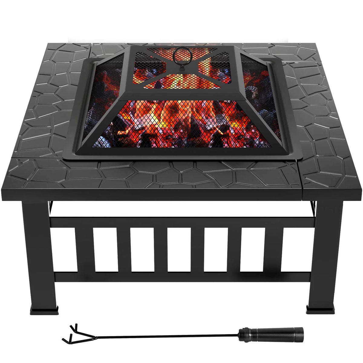 32 Square Metal Fire Pit with Cover and Poker, Black N463907