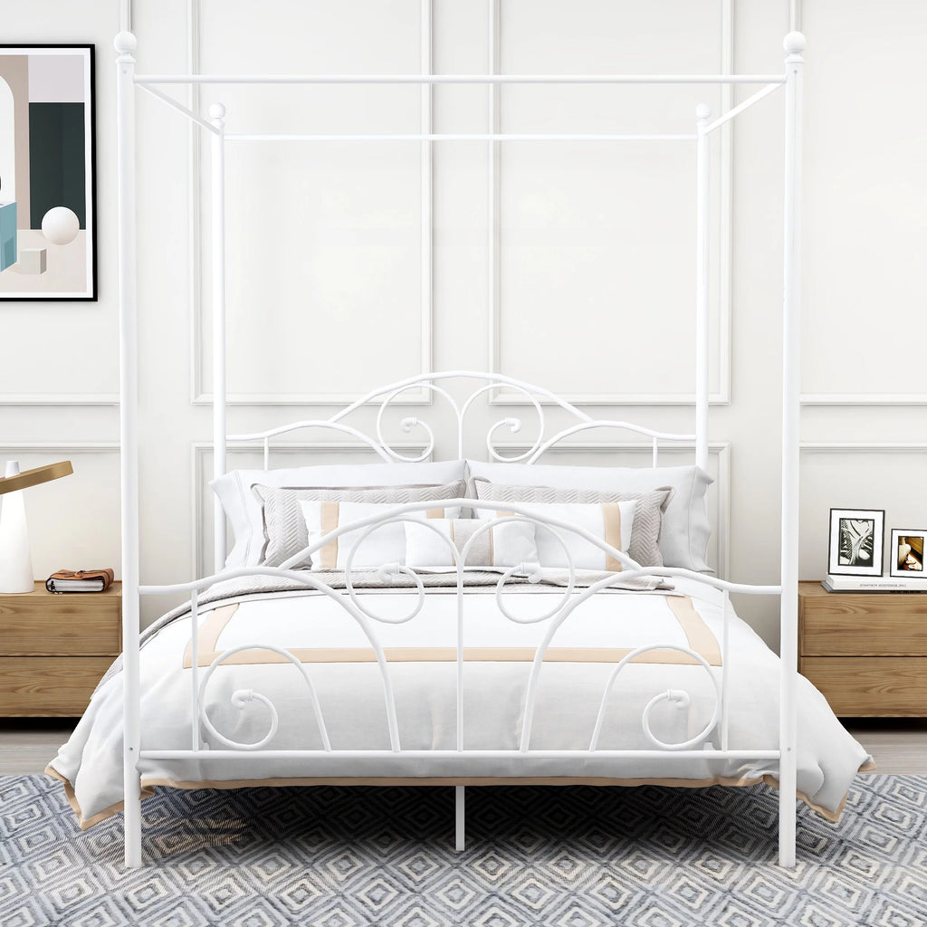 Vintage White Full Size Metal Canopy Bed Frame I8627