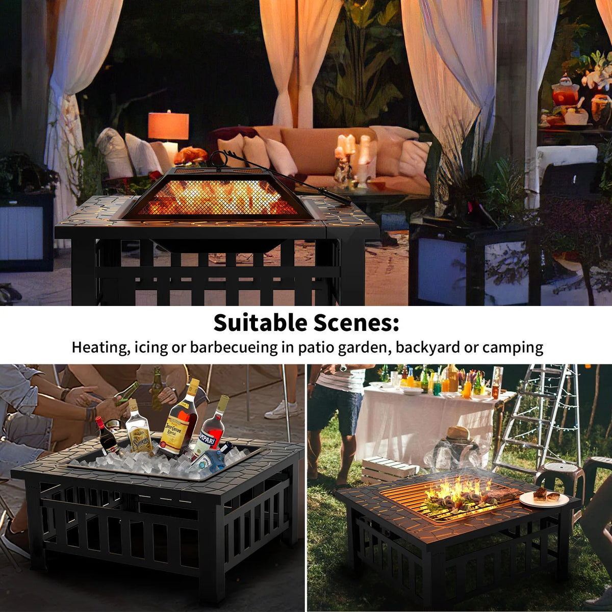 32 Square Metal Fire Pit with Cover and Poker, Black N463907