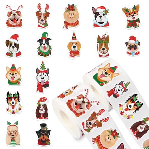 1000Pcs Christmas Puppy Dog Self-Adhesive Stickers, 16 Designs, 2 Rolls C490060