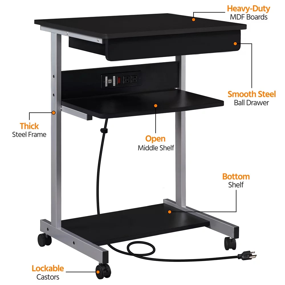 22in Rolling Laptop Computer Desk with Power Outlet, Black Z76677